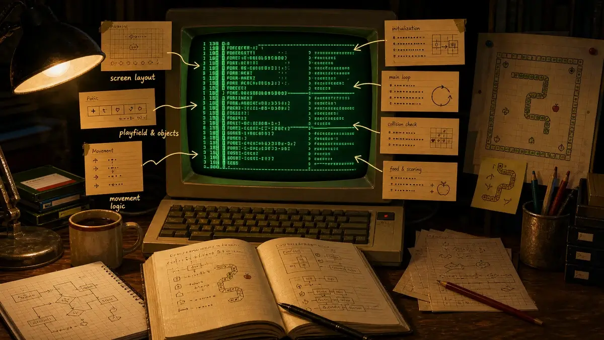 Een groene BASIC-listing met amberkleurige annotaties en doolhofschetsen eromheen.