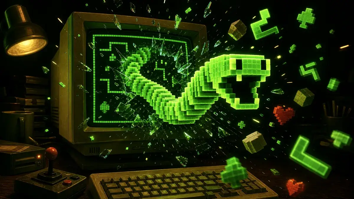 Een gloeiende Sneekie-slang barst door een CRT-spelscherm terwijl harten, klavers, stenen en doolhofstukken naar buiten vliegen.