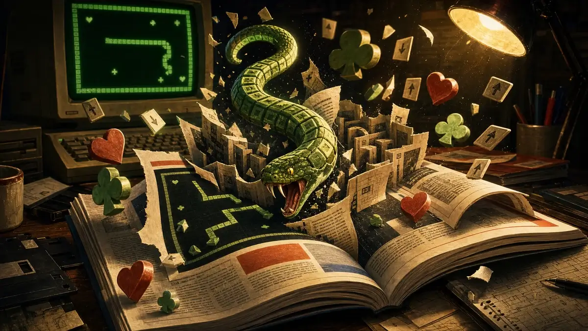 3D-змія Sneekie проривається з друкованого журналу, а серця і трефи стрибають зі сторінки.